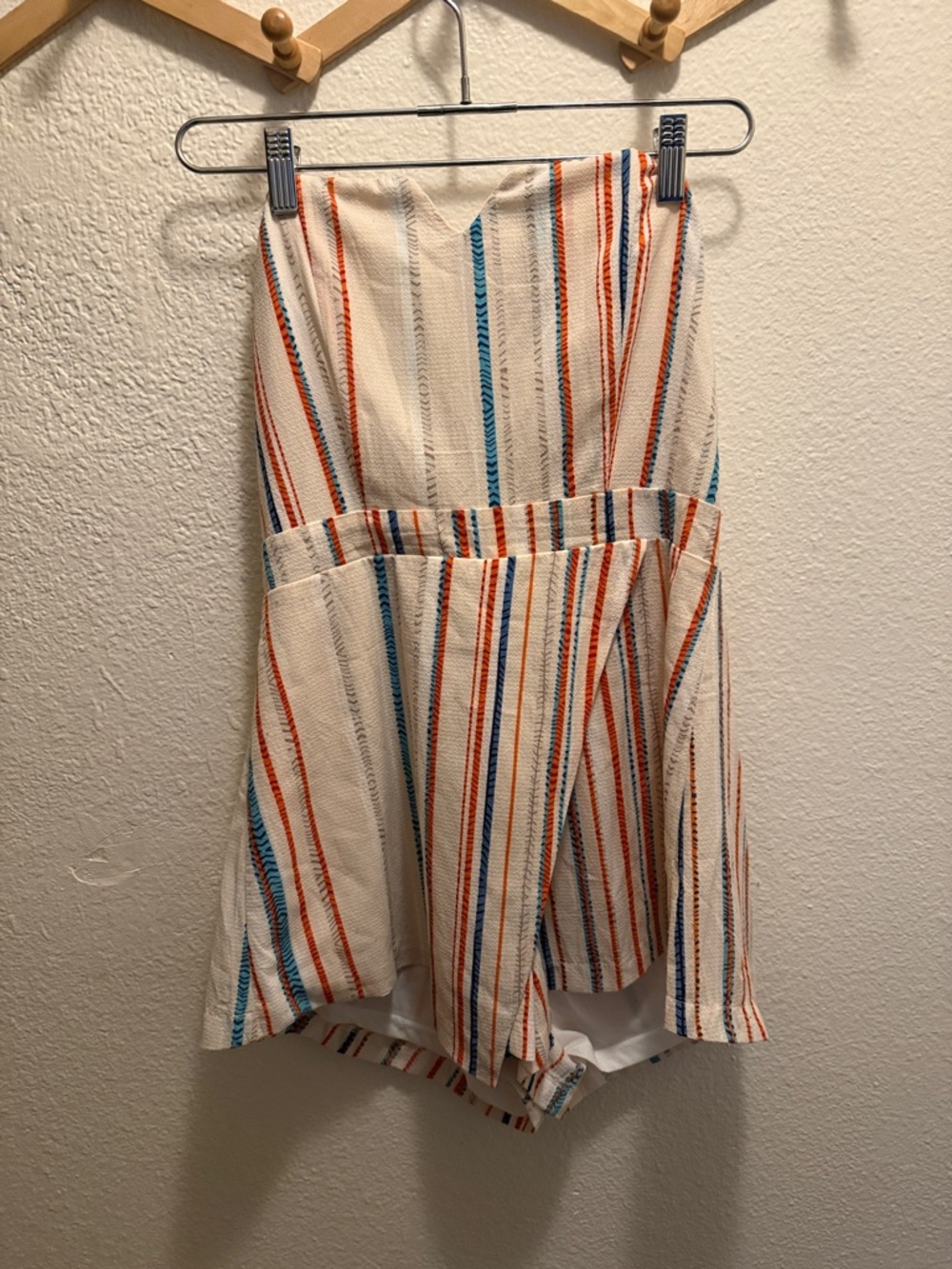 Striped Strapless Cream Romper with Orange & Blue Accents